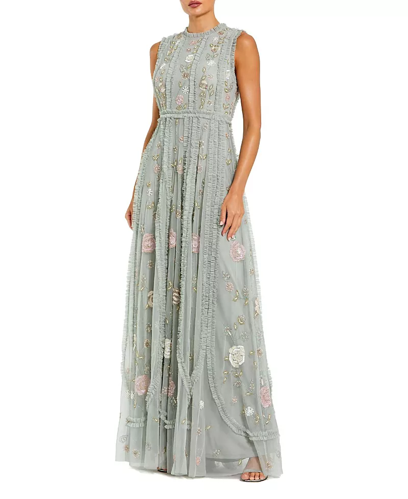 Mac Duggal Petite Floral Mesh Sleeveless A Line Micro Ruffle Gown