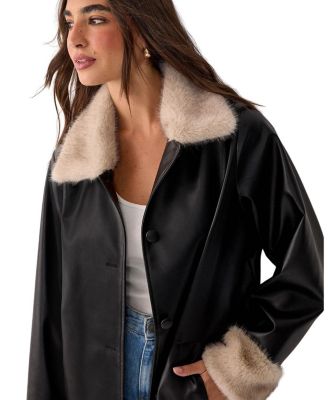 Faux Leather Longline Fur Trim Coat