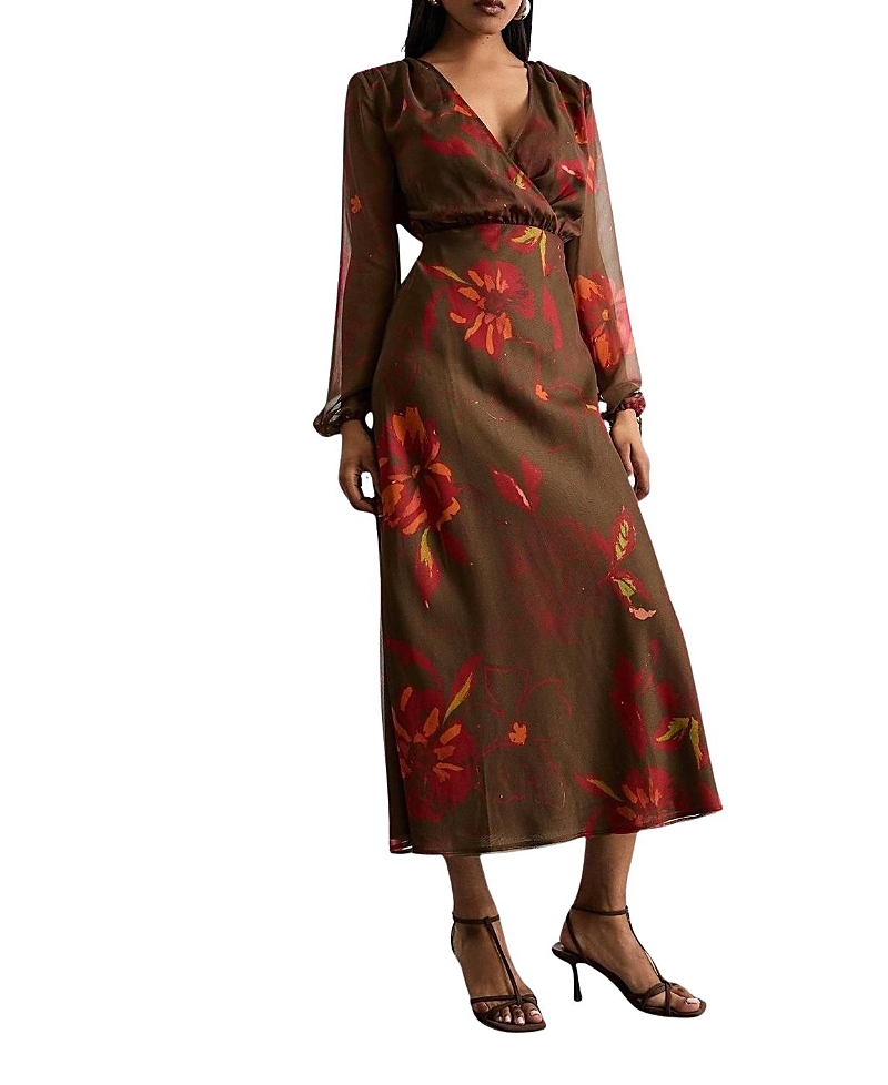 Warehouse Printed V Neck Tie Detail Midi Dress