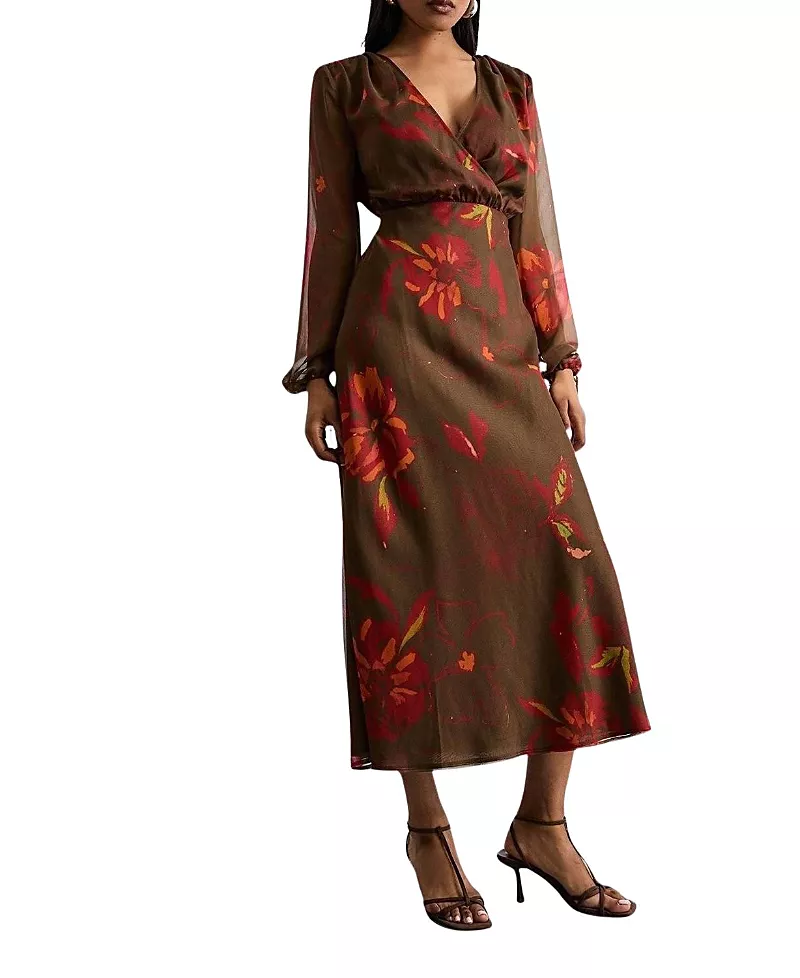 Warehouse Printed V Neck Tie Detail Midi Dress