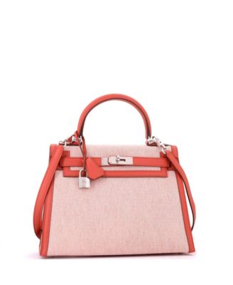 Kelly 28 Handbag Toile and Brown Swift with Palladium Hardware