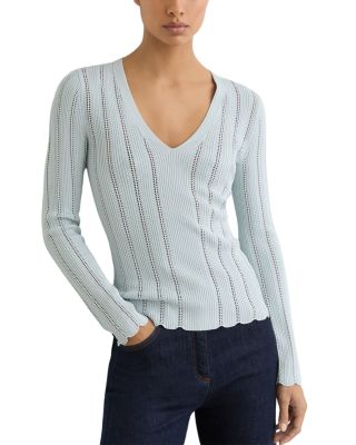 V Neck Ribbed Pointelle Sweater
