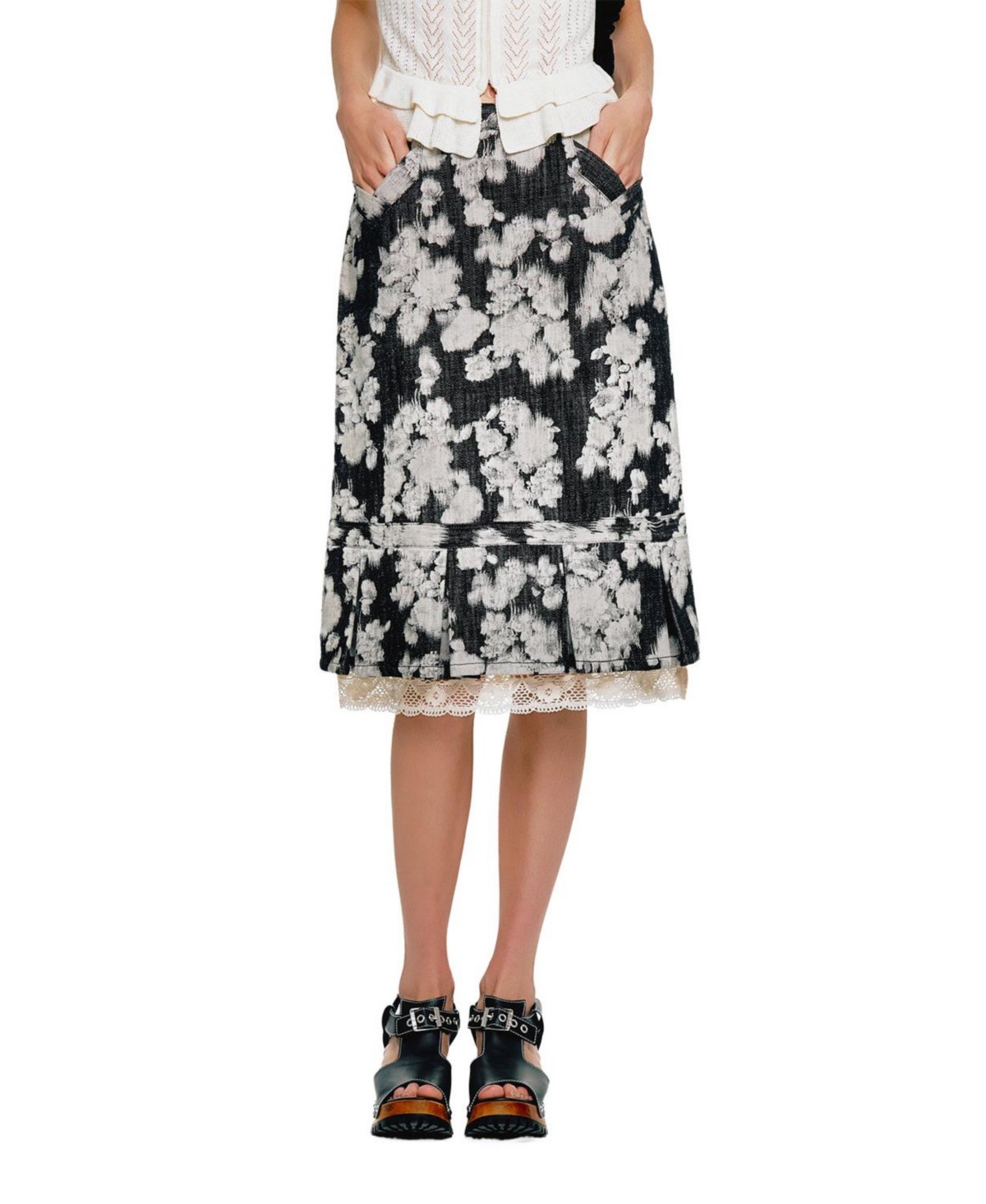 Anna Sui Rose Illusion Denim Lace Trimmed Skirt in Black