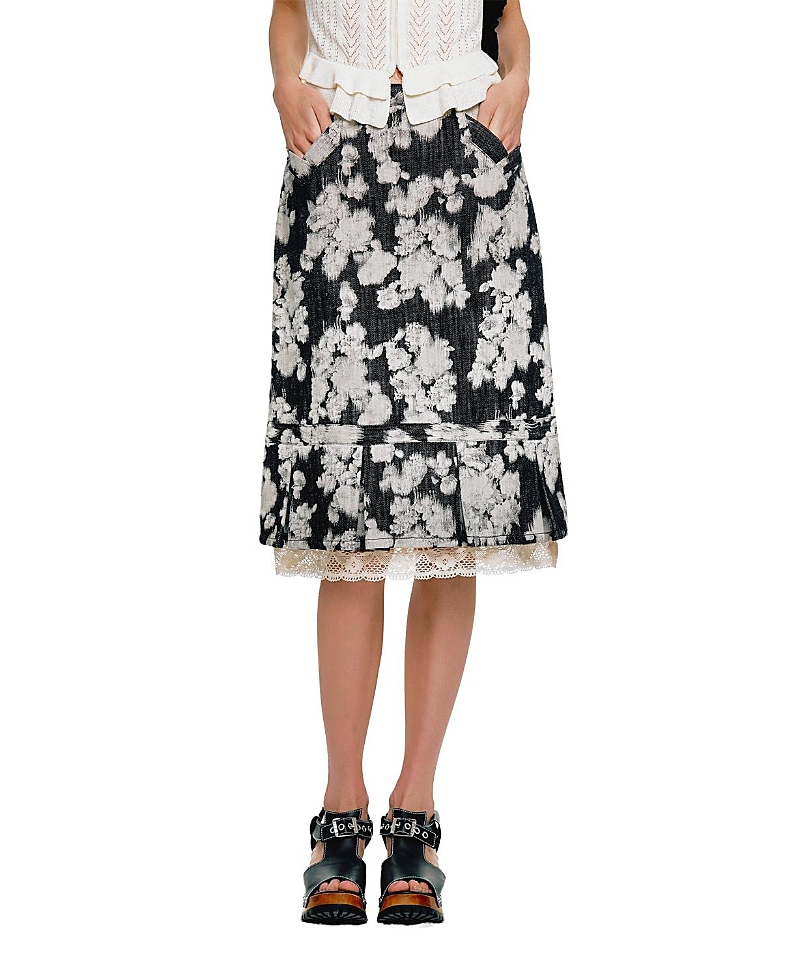 Anna Sui Rose Illusion Denim Lace Trimmed Skirt