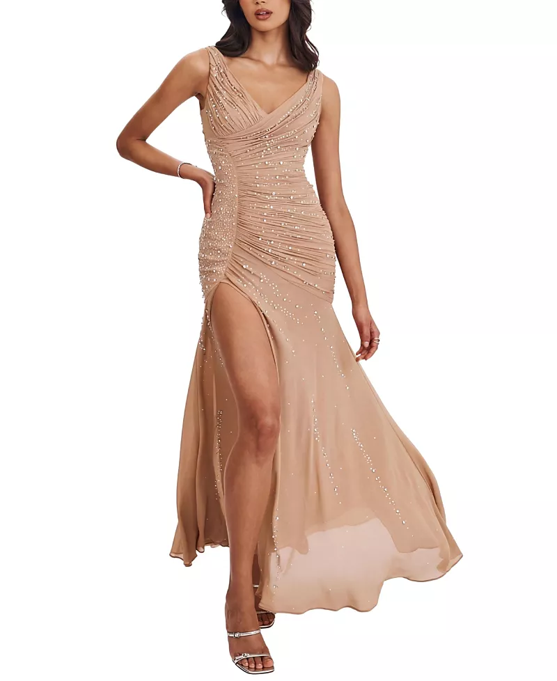 Miss Circle Viveca Crystal-Embellished Asymmetrical Ruched Maxi Dress