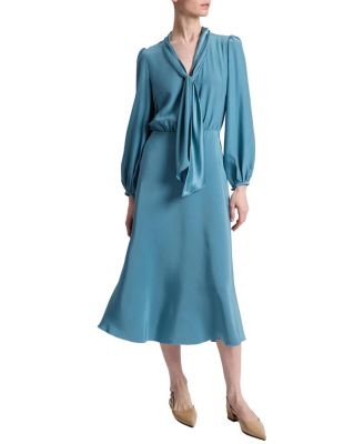  Jenn Long Sleeve Silk Midi Tie-Neck Dress
