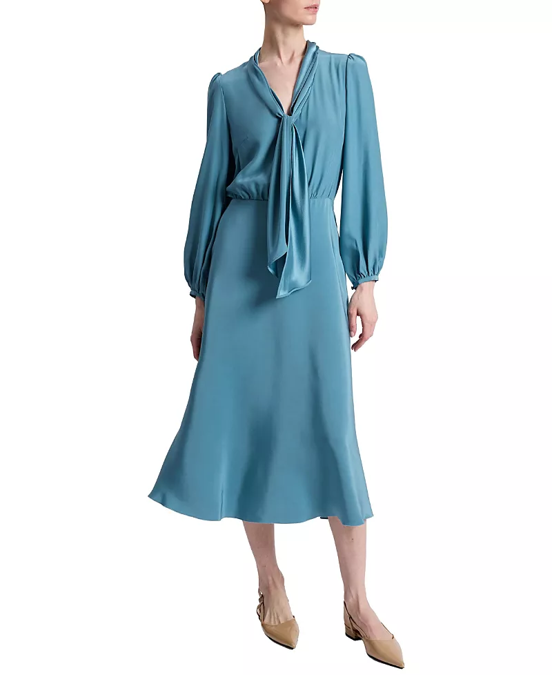 Santorelli Jenn Long Sleeve Silk Midi Tie-Neck Dress