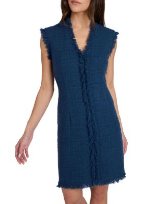  Tuscany Sleeveless V-Neck Tweed Dress with Fringe Detail