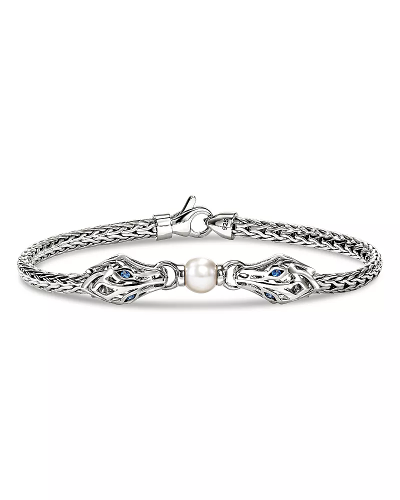 John Hardy Sterling Silver Naga Freshwater Pearl & Blue Sapphire Dragon Chain Bracelet
