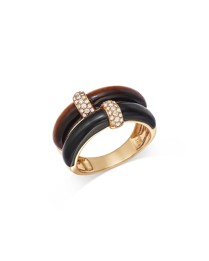 Bloomingdale's Fine Collection Tiger Eye, Onyx & Diamond Faux Stack Ring in 14K Yellow Gold