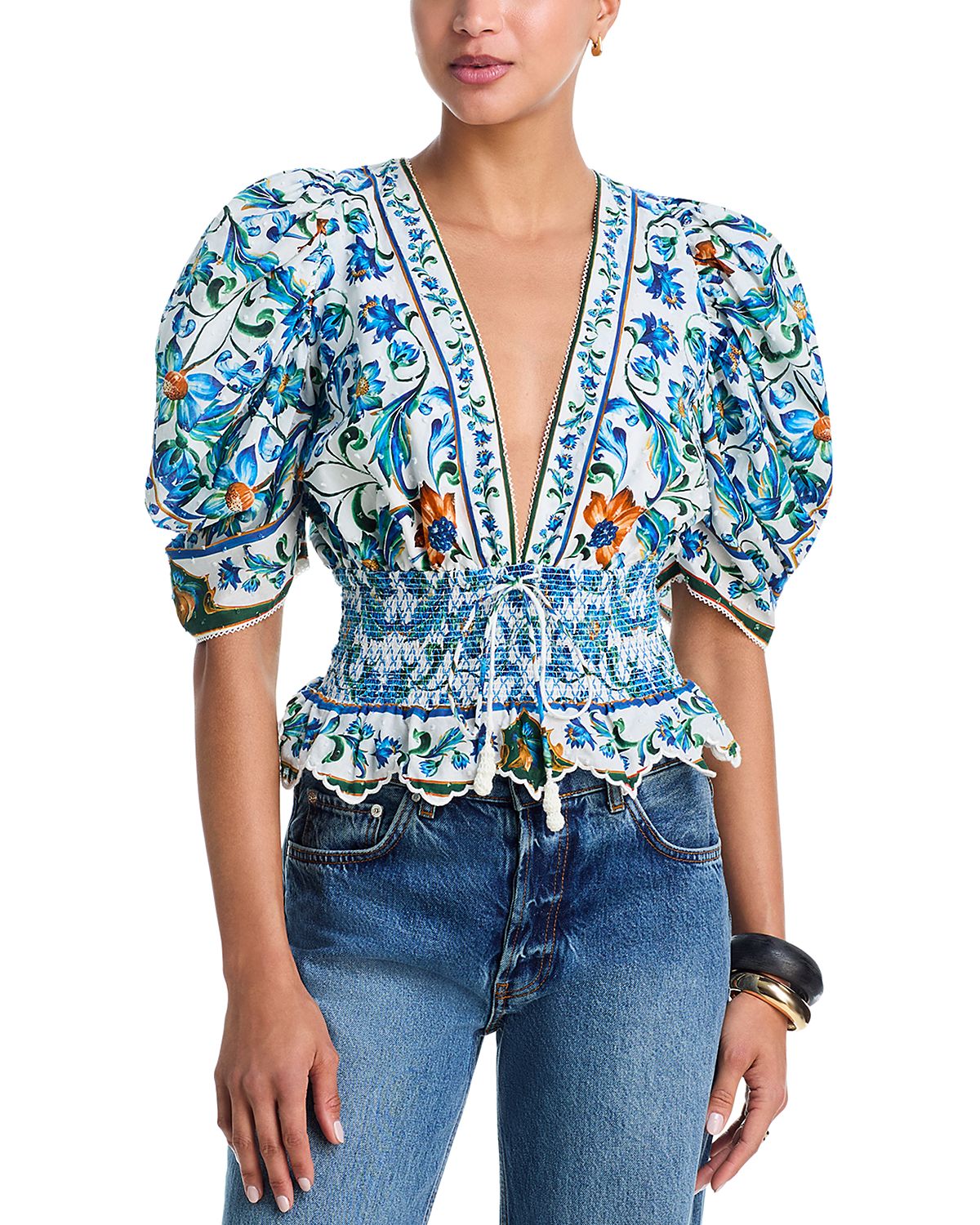 Farm Rio Flora Tile Plunging Neck Blouse