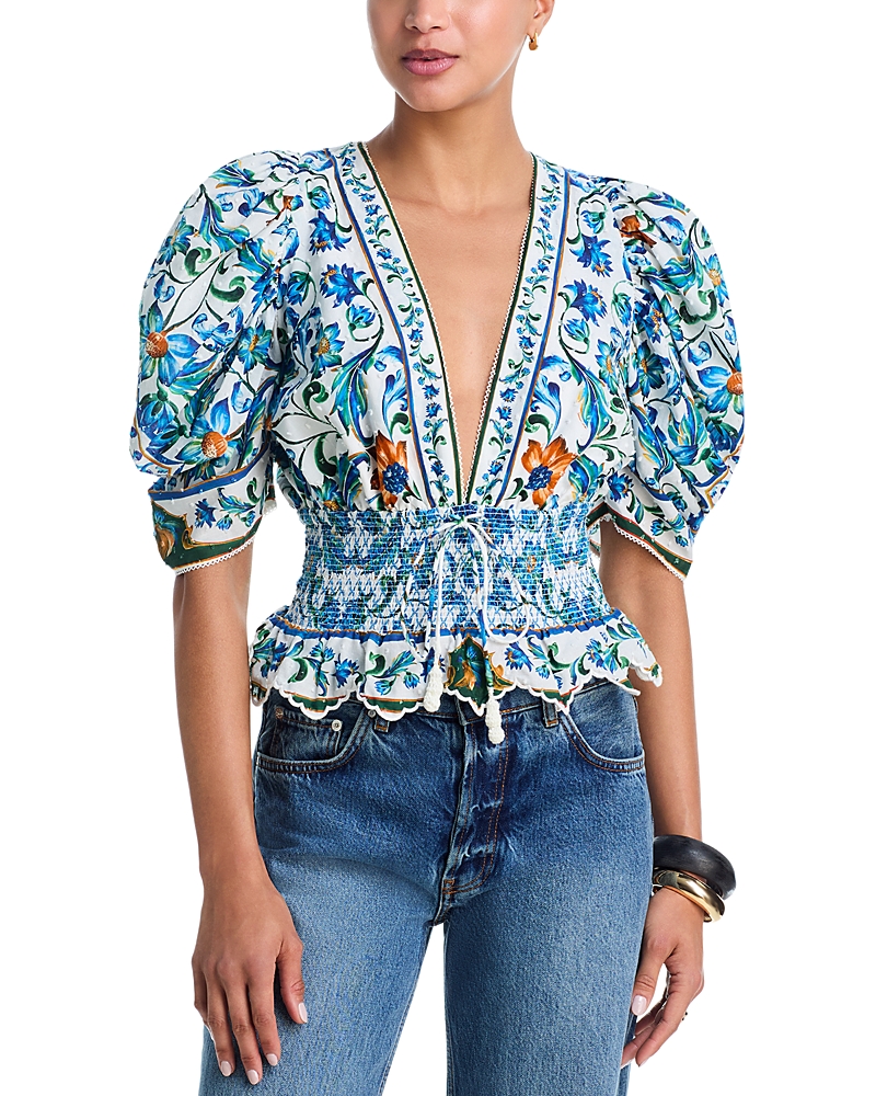 Farm Rio Flora Tile Plunging Neck Blouse