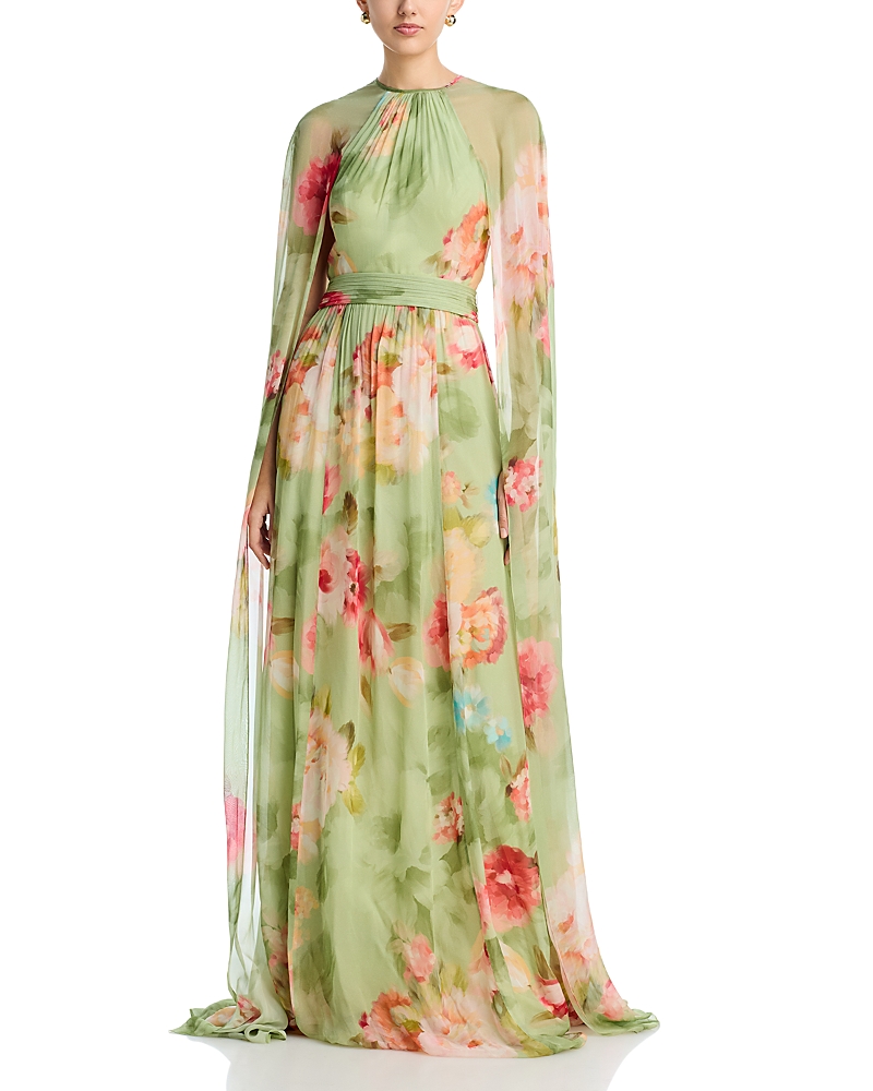 Teri Jon by Rickie Freeman Chiffon Floral Cape Gown