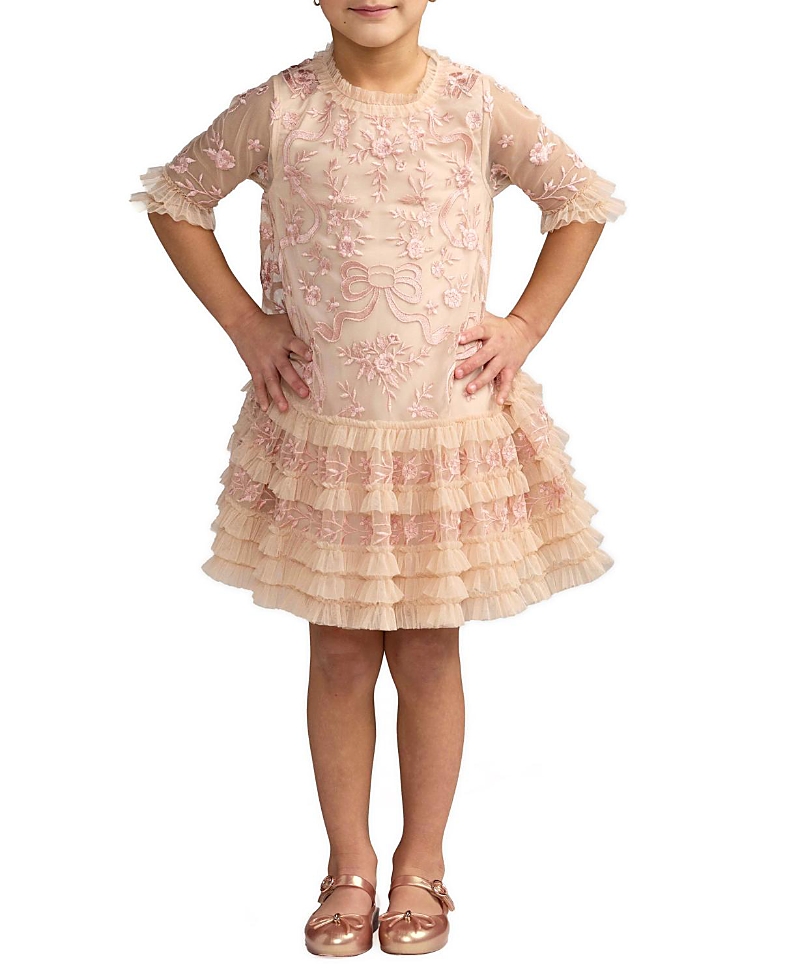 Mac Duggal Girls' Micro Ruffle Embroidered Mini Dress - Little Kid, Big Kid