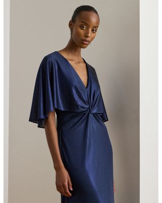 Metallic Jersey Twist Front Cape Gown