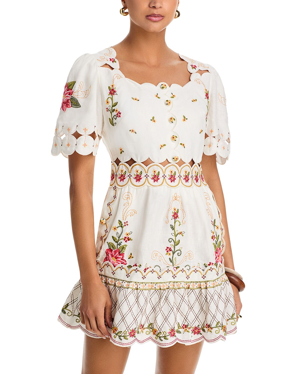 Farm Rio Floral Embroidered Short Sleeve Mini Dress