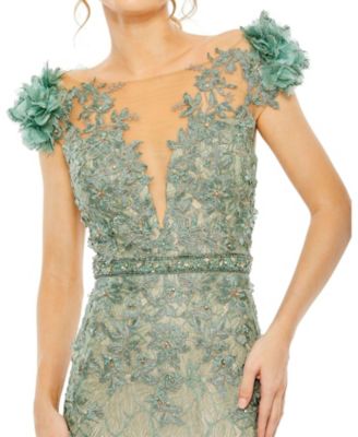  Embroidered Illusion Appliqued Bodice Trumpet Gown