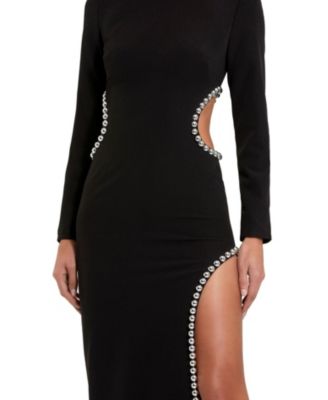 Crepe Long Sleeve Gown With Beaded Cut Outs