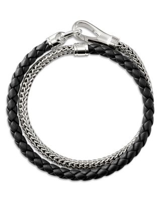 Sterling Silver ICON Black Leather Braid Double Wrap Bracelet