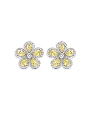 18K White Gold Classic Flower White & Yellow Diamond Flower Stud Earrings
