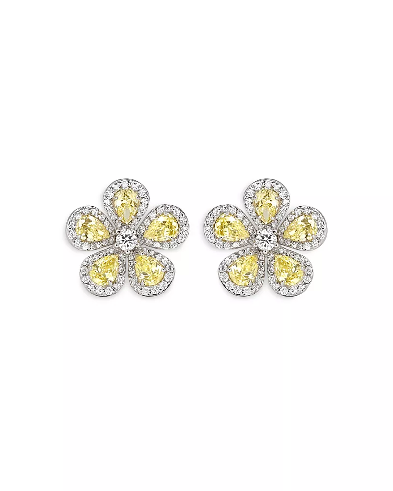 Piranesi 18K White Gold Classic Flower White & Yellow Diamond Flower Stud Earrings
