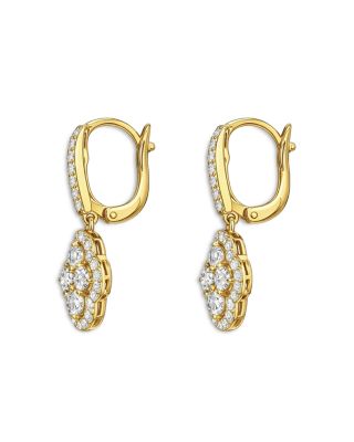 18K Yellow Gold Maison Diamond Halo Cluster Leverback Drop Earrings