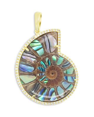 14K Yellow Gold Ammonite & Diamond Shell Pendant