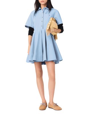 Maje Flared Chest-Pocket Stretch-Cotton Shirt Dress - Blue Sky