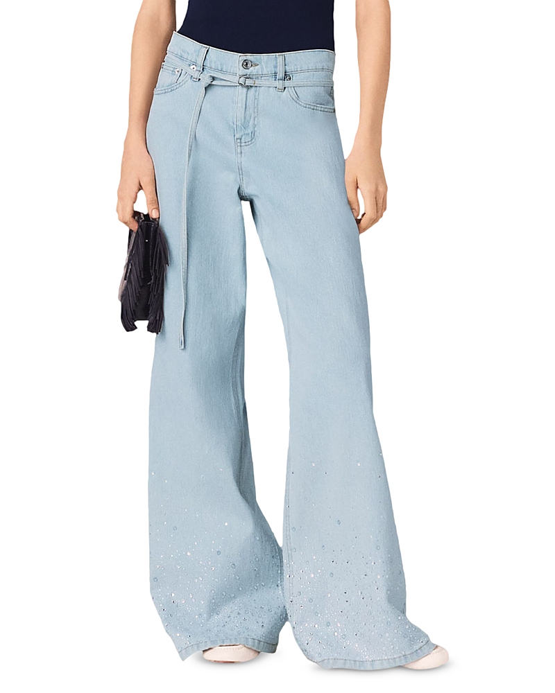 Maje High Rise Wide Leg Rhinestone Jeans in Blue Sky