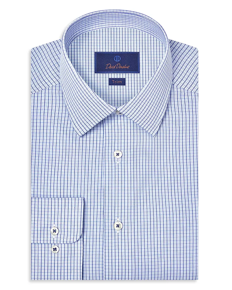 David Donahue Trim Fit Poplin Micro Check Dress Shirt