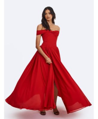  Tereza Georgette Bardot High-Slit Maxi Dress