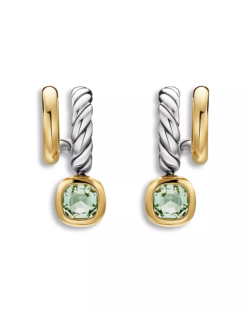Dy Mercer Color Two Row Drop Earrings in Sterling Silver with 18K Yellow Gold and Prasiolite, 19.5mm