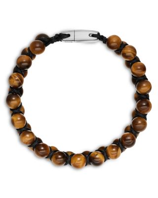 Men's Spiritual Beads Two Row Woven Bracelet Collection with Tiger's Eye, Black Nylon and Sterling Silver, 8mm