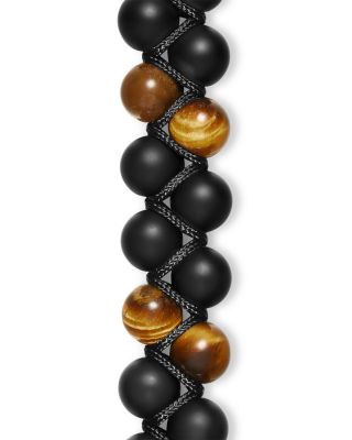 Men's Spiritual Beads Two Row Woven Bracelet Collection with Black Onyx, Tiger's Eye, Black Nylon and Sterling Silver, 8mm