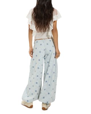 Lotus Embroidered Railroad Stripe Balloon Jeans in Indigo Rain