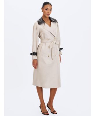  Umber Double-Breasted Faux Leather Lapel Trench Coat