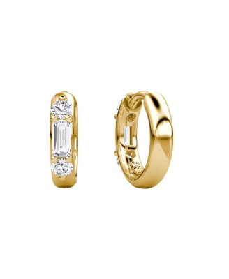  Three Stone Huggie Hoops in 14K Gold, 0.40ctw Baguette & Round Brilliant Lab Grown Diamonds