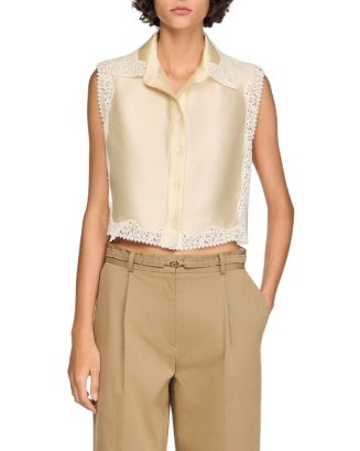 meltthelady string cropped shirt シャツ Sandro Marielle Cropped Shirt with Lace Details | Bloomingdale's Women
