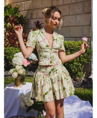  Zanella Floral Print Lace Trim Linen Top