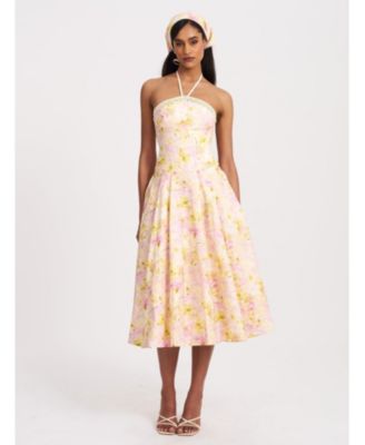  Zaina Floral Print Lace Trim Linen Midi Dress