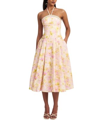  Zaina Floral Print Lace Trim Linen Midi Dress