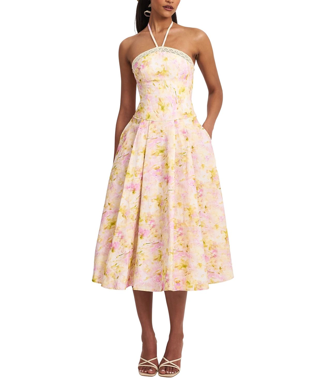 Miss Circle Zaina Floral Print Lace Trim Linen Midi Dress