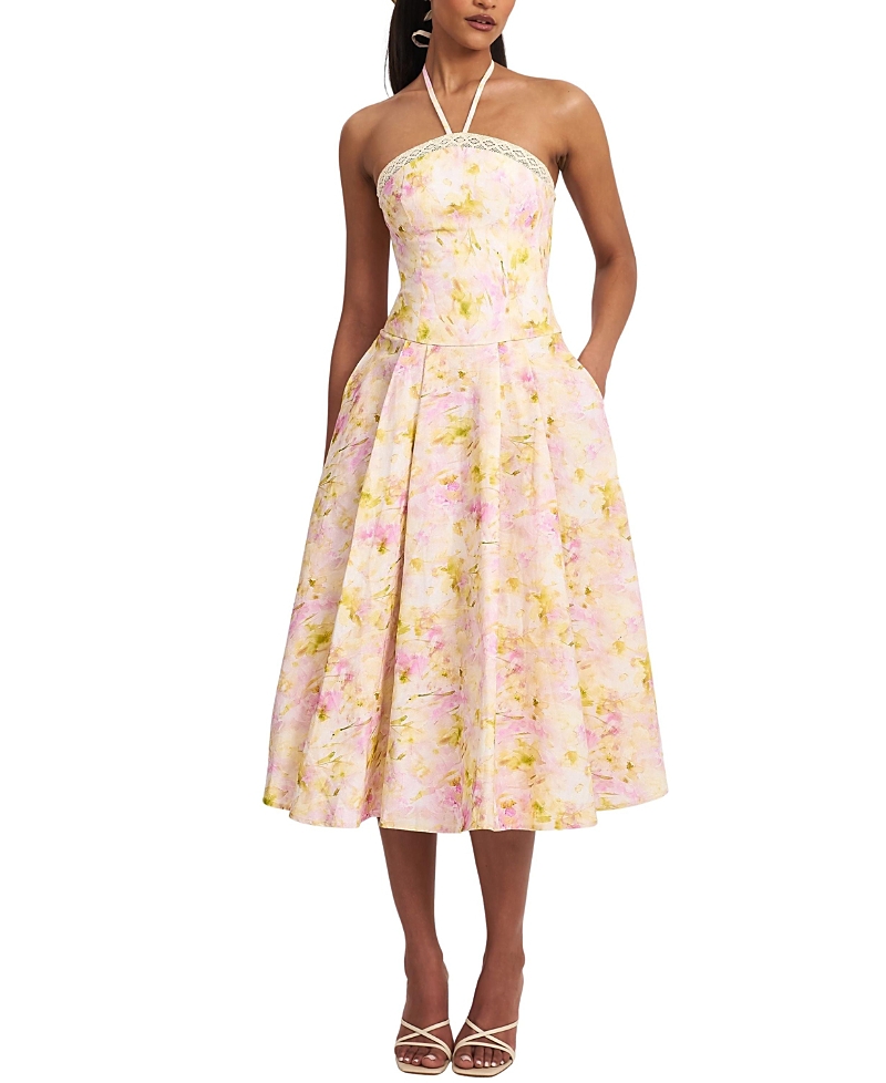 Miss Circle Zaina Floral Print Lace Trim Linen Midi Dress