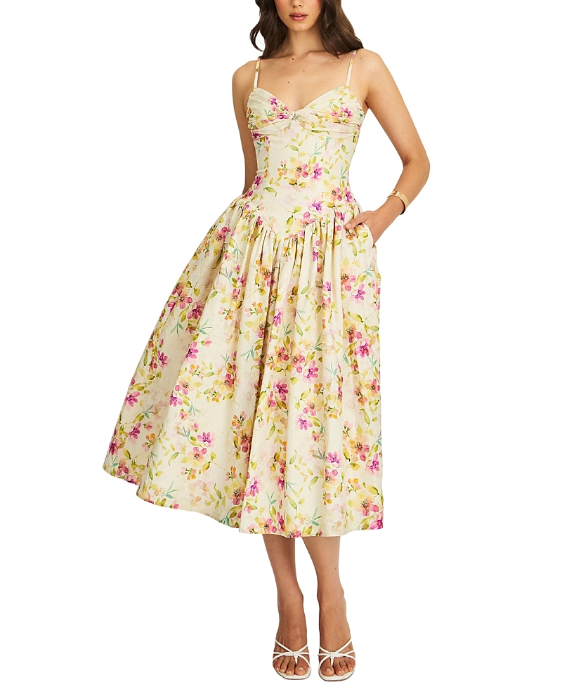 Miss Circle Jacinde Drop Waist Floral Print Linen Midi Dress