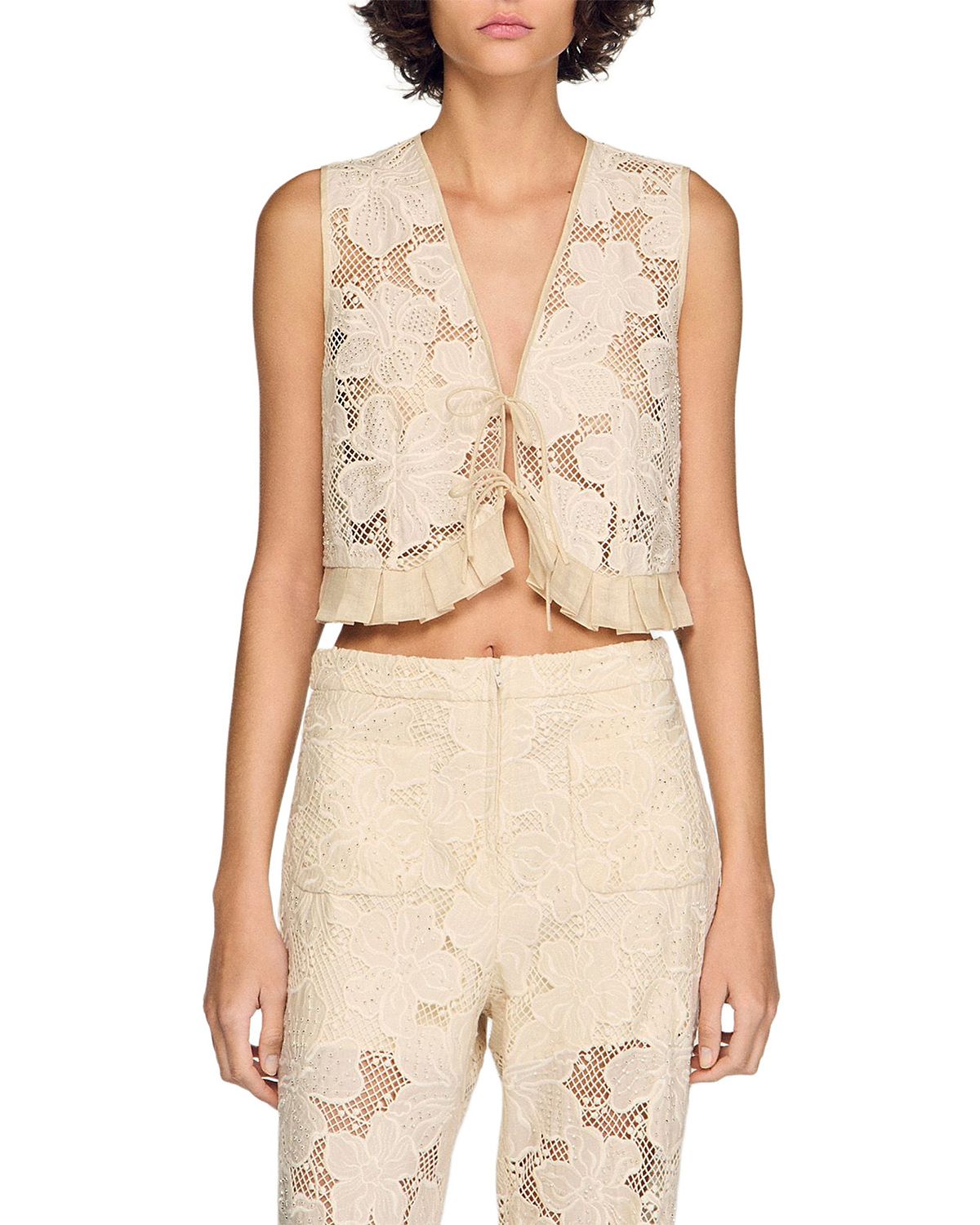 Sandro Guipure Lace Ruffle Crop Top