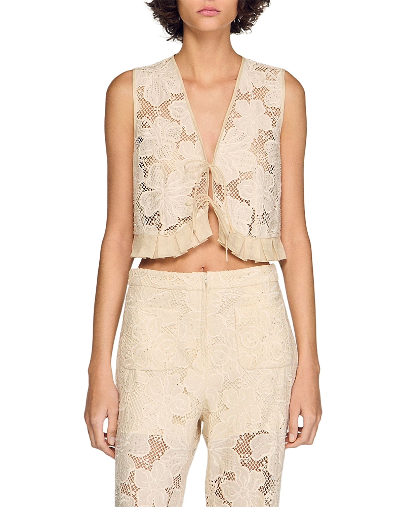 Sandro Guipure Lace Ruffle Crop Top