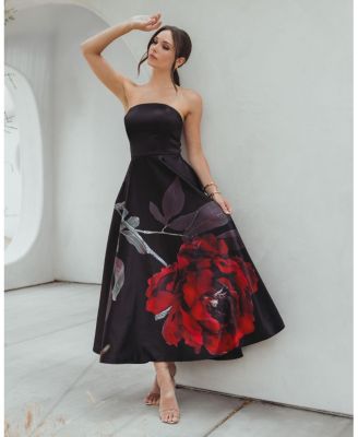  Crepe Printed Strapless Midi Dress With Pockets