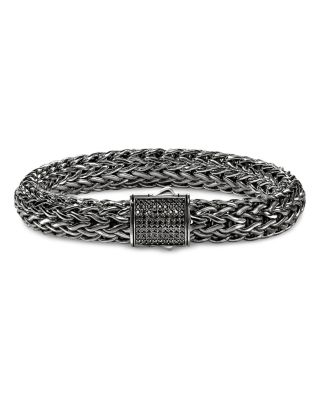 Dark Silver Icon Black Sapphire Pav&eacute; Clasp Woven Link Bracelet, 10.5mm