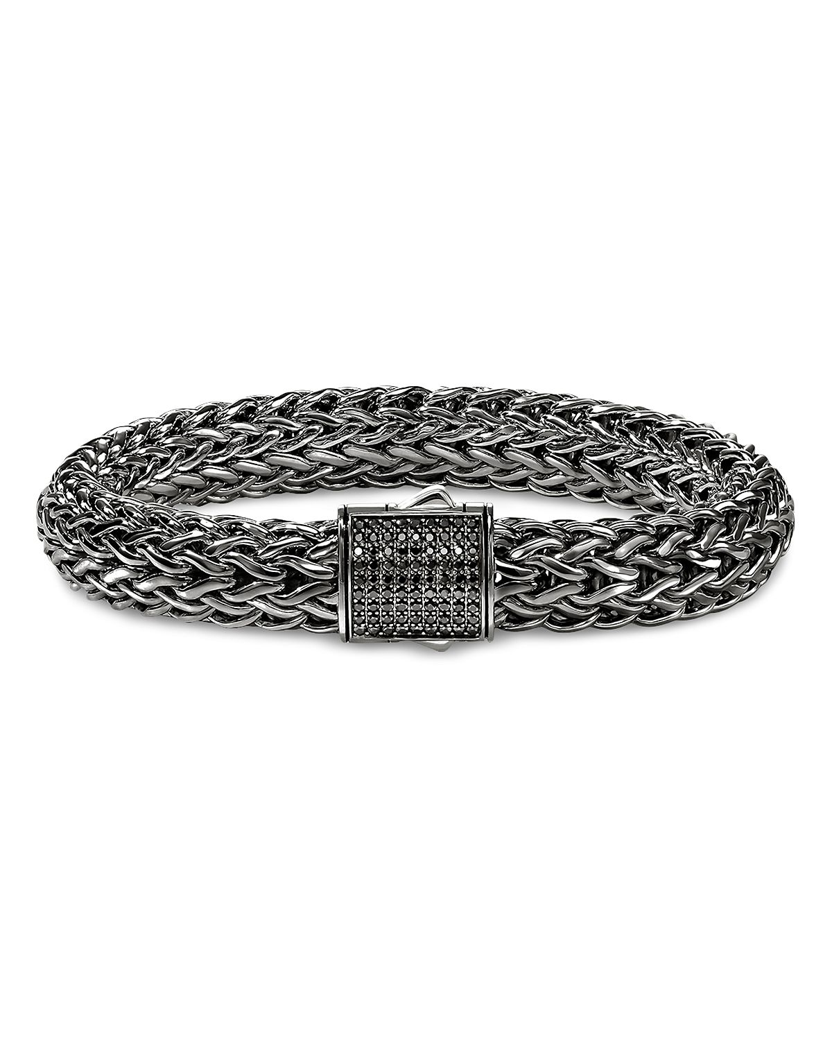 John Hardy Dark Silver Icon Black Sapphire Pave Clasp Woven Link Bracelet, 10.5mm