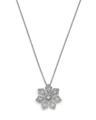 Diamond Round & Baguette Flower Pendant Necklace in 14K White Gold, 0.7 tcw